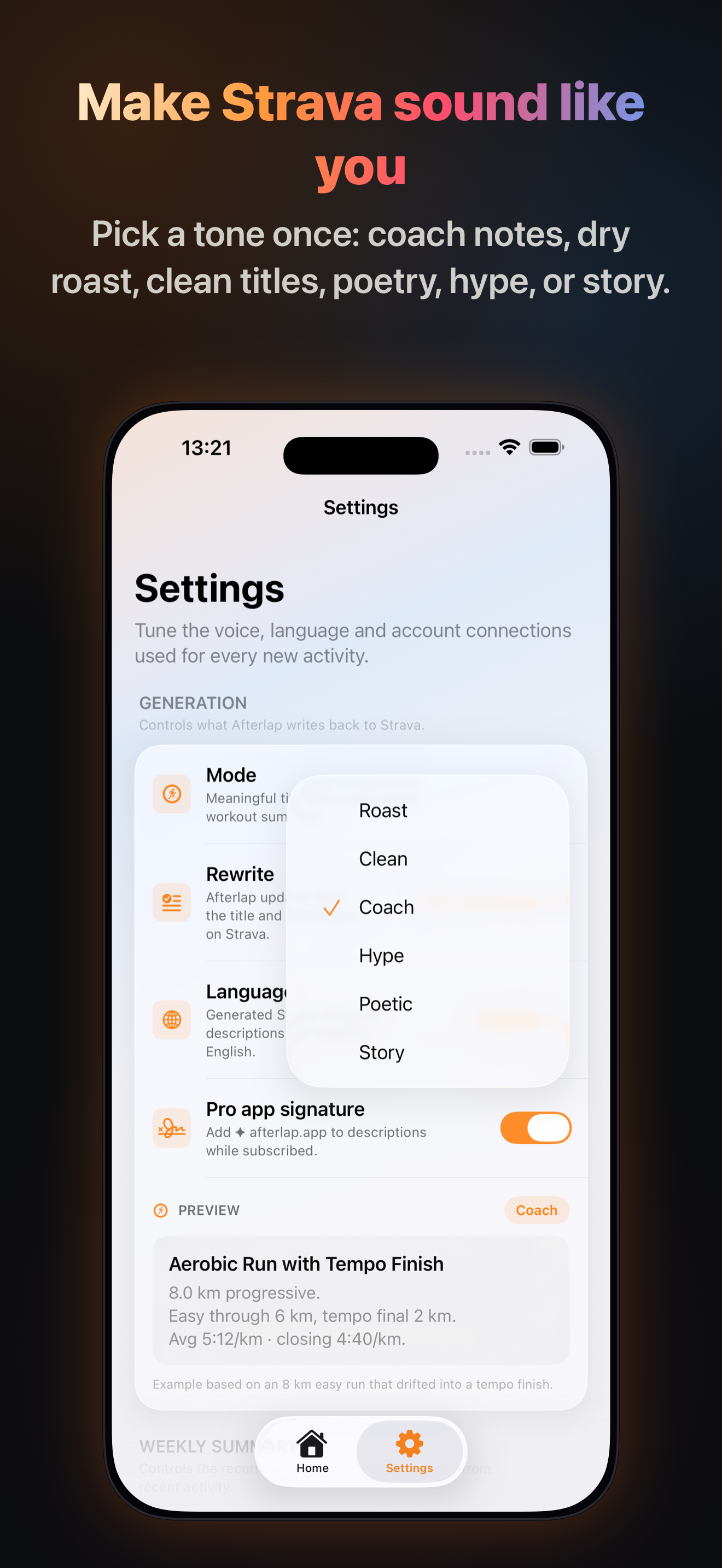 Afterlap settings screen with mode selection
